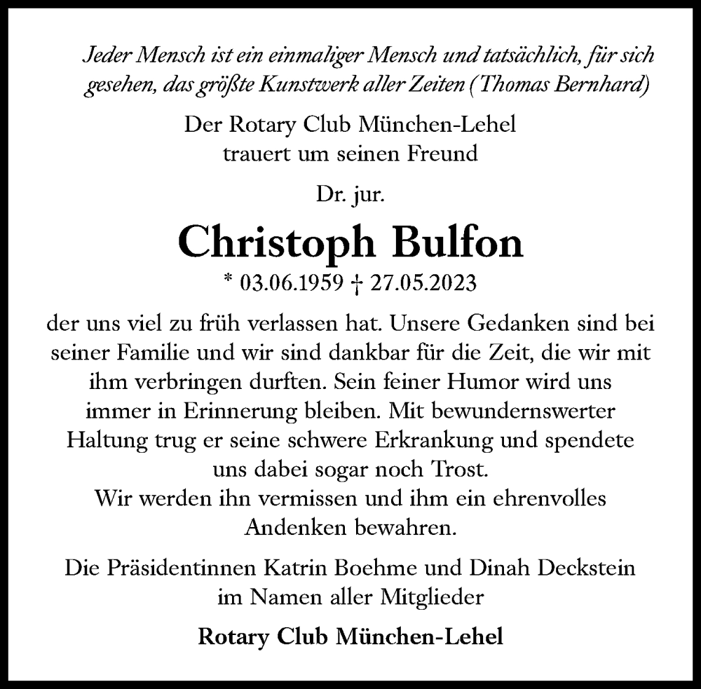  Traueranzeige für Christoph Bulfon vom 01.07.2023 aus Süddeutsche Zeitung