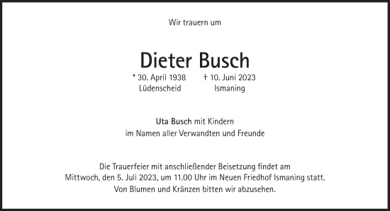 Traueranzeige von Dieter Busch von Süddeutsche Zeitung