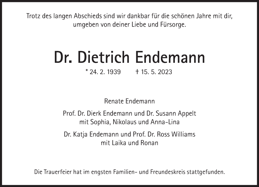  Traueranzeige für Dietrich Endemann vom 03.06.2023 aus Süddeutsche Zeitung
