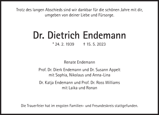 Traueranzeige von Dietrich Endemann von Süddeutsche Zeitung
