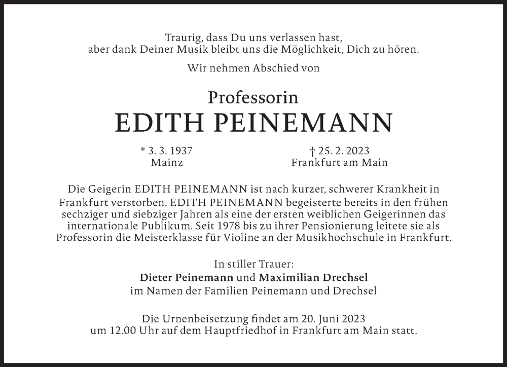  Traueranzeige für Edith Peinemann vom 10.06.2023 aus Süddeutsche Zeitung