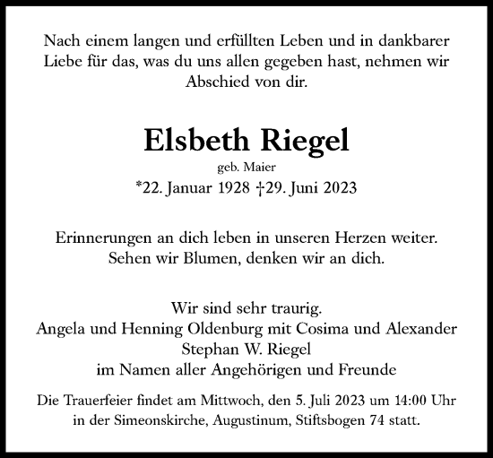 Traueranzeige von Elsbeth Riegel von Süddeutsche Zeitung