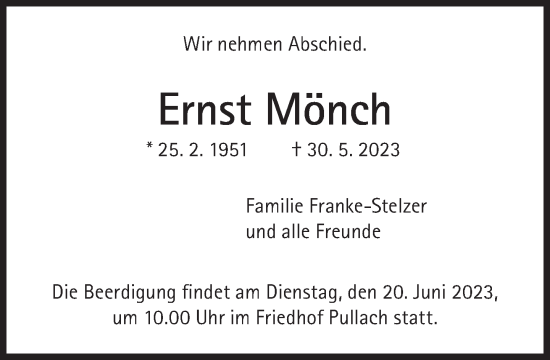 Traueranzeige von Ernst Mönch von Süddeutsche Zeitung