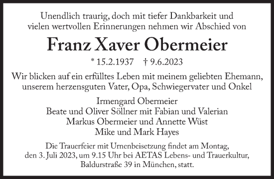 Traueranzeige von Franz Xaver Obermeier von Süddeutsche Zeitung