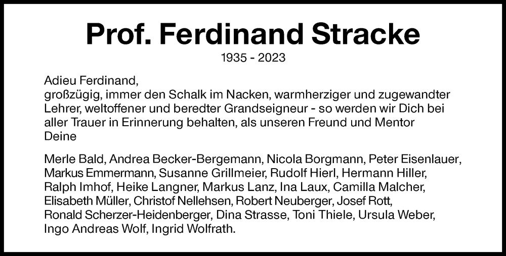  Traueranzeige für Ferdinand Stracke vom 03.06.2023 aus Süddeutsche Zeitung