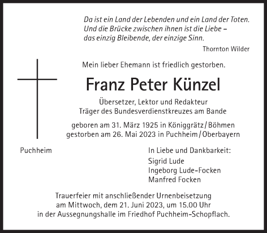 Traueranzeige von Franz Peter Künzel von Süddeutsche Zeitung