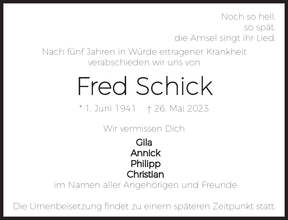  Traueranzeige für Fred Schick vom 03.06.2023 aus Süddeutsche Zeitung