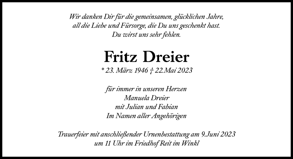  Traueranzeige für Fritz Dreier vom 03.06.2023 aus Süddeutsche Zeitung