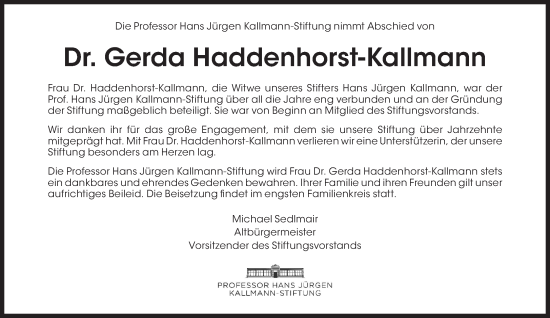 Traueranzeige von Gerda Haddenhorst-Kallmann von Süddeutsche Zeitung