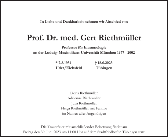 Traueranzeige von Gert Riethmüller von Süddeutsche Zeitung