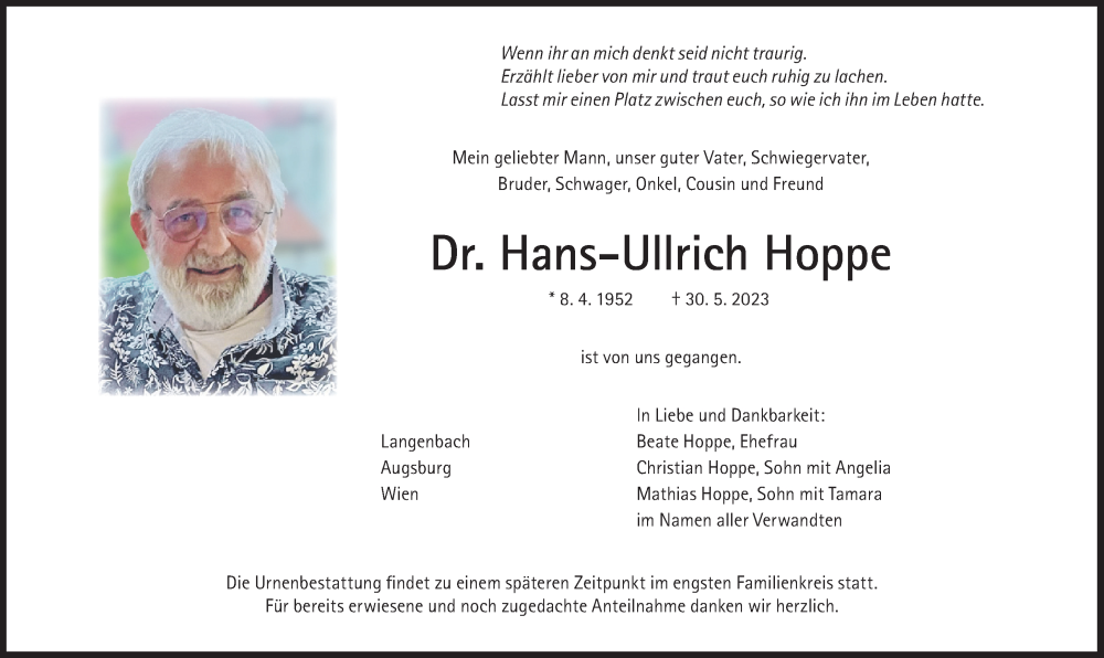  Traueranzeige für Hans-Ullrich Hoppe vom 03.06.2023 aus Süddeutsche Zeitung