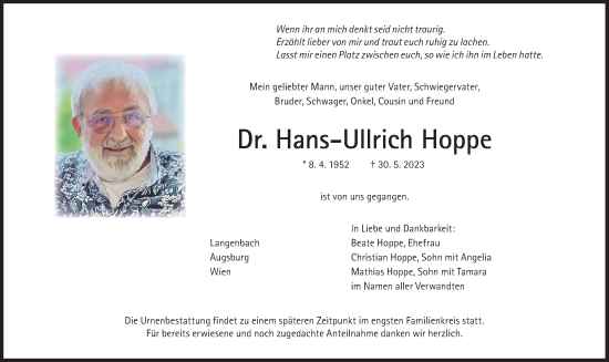 Traueranzeige von Hans-Ullrich Hoppe von Süddeutsche Zeitung