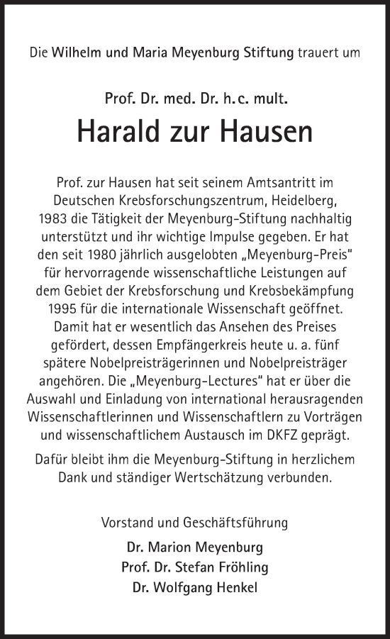 Traueranzeige von Harald zur Hausen von Süddeutsche Zeitung