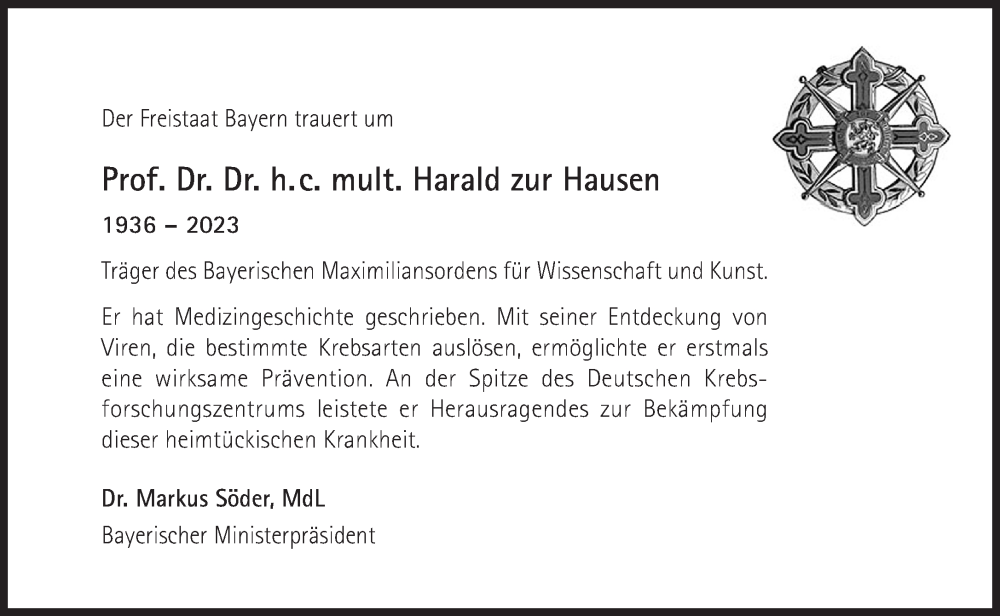  Traueranzeige für Harald zur Hausen vom 03.06.2023 aus Süddeutsche Zeitung