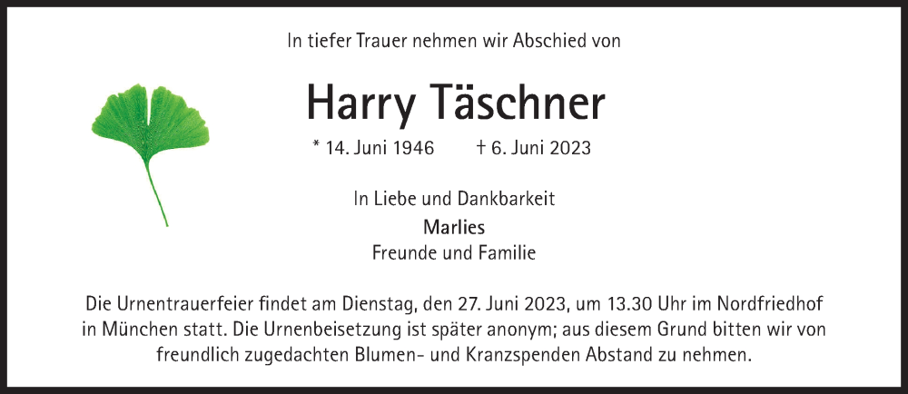  Traueranzeige für Harry Täschner vom 17.06.2023 aus Süddeutsche Zeitung
