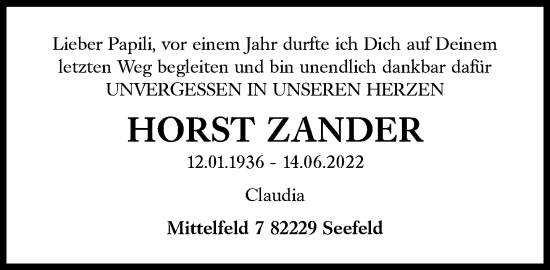 Traueranzeige von Horst Zander von Süddeutsche Zeitung