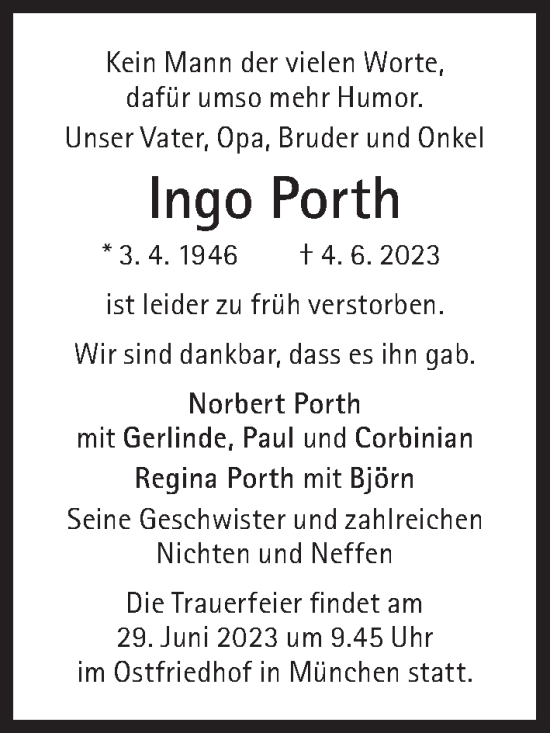 Traueranzeige von Ingo Porth von Süddeutsche Zeitung