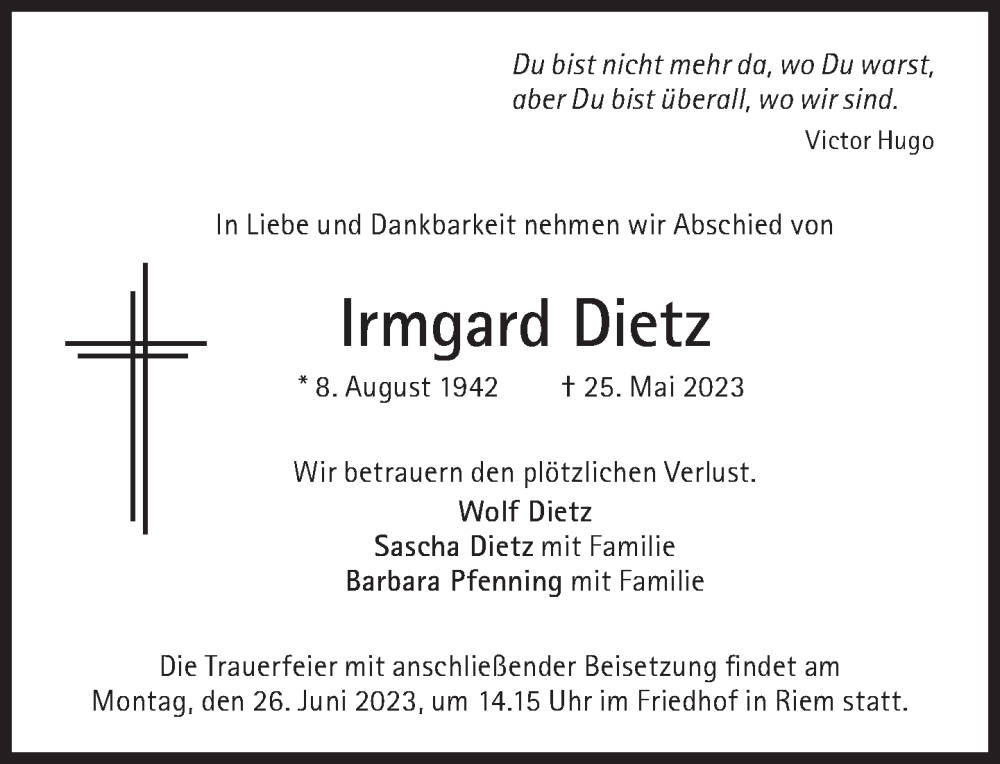  Traueranzeige für Irmgard Dietz vom 03.06.2023 aus Süddeutsche Zeitung