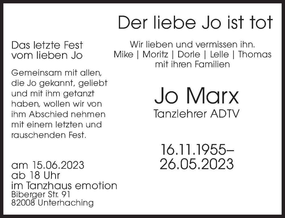  Traueranzeige für Jo Marx vom 10.06.2023 aus Süddeutsche Zeitung