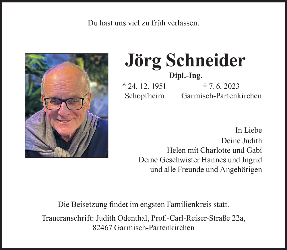  Traueranzeige für Jörg Schneider vom 17.06.2023 aus Süddeutsche Zeitung