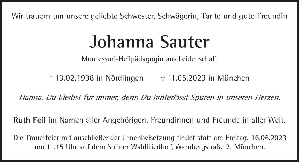  Traueranzeige für Johanna Sauter vom 03.06.2023 aus Süddeutsche Zeitung
