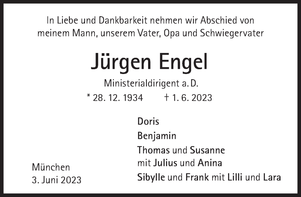  Traueranzeige für Jürgen Engel vom 03.06.2023 aus Süddeutsche Zeitung