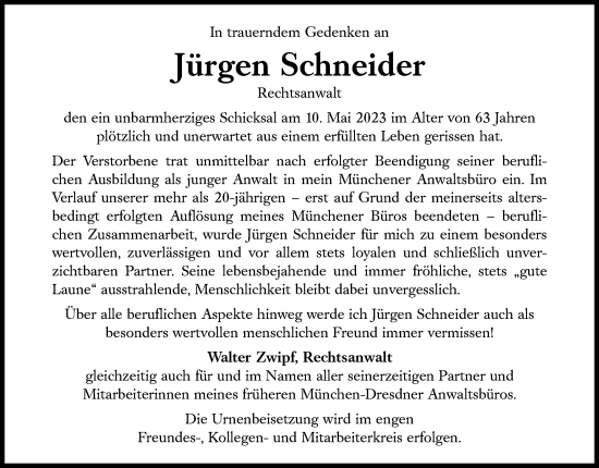 Traueranzeige von Jürgen Schneider von Süddeutsche Zeitung