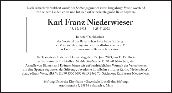 Traueranzeige von Karl Franz Niederwieser von Süddeutsche Zeitung