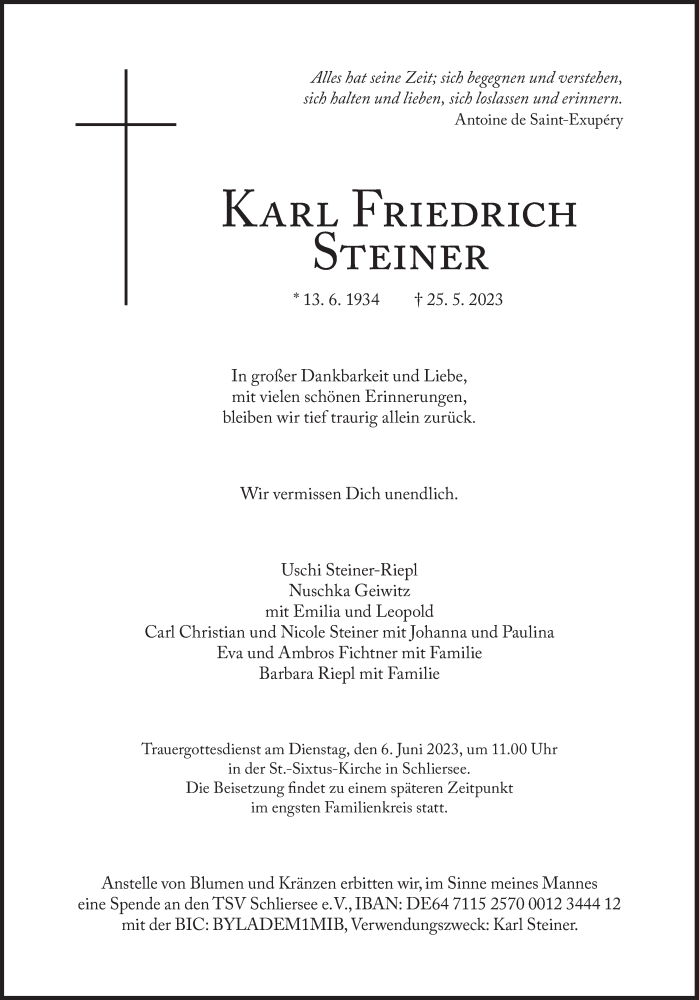  Traueranzeige für Karl Friedrich Steiner vom 03.06.2023 aus Süddeutsche Zeitung