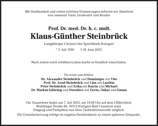 Traueranzeige von Klaus-Günther Steinbrück von Süddeutsche Zeitung