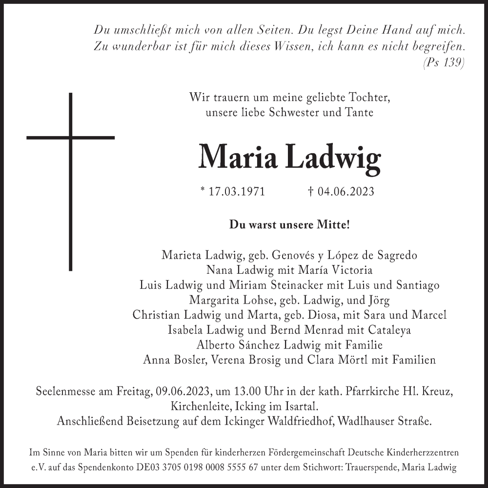  Traueranzeige für Maria Ladwig vom 06.06.2023 aus Süddeutsche Zeitung