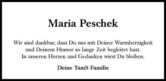 Traueranzeige von Maria Peschek von Süddeutsche Zeitung
