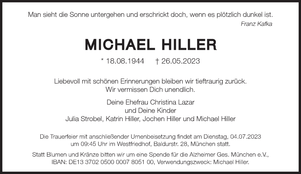  Traueranzeige für Michael Hiller vom 10.06.2023 aus Süddeutsche Zeitung