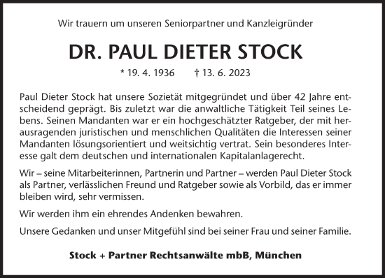 Traueranzeige von Paul Dieter Stock von Süddeutsche Zeitung