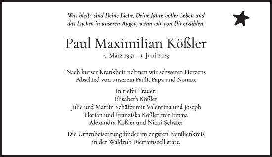 Traueranzeige von Paul Maximilian Kößler von Süddeutsche Zeitung