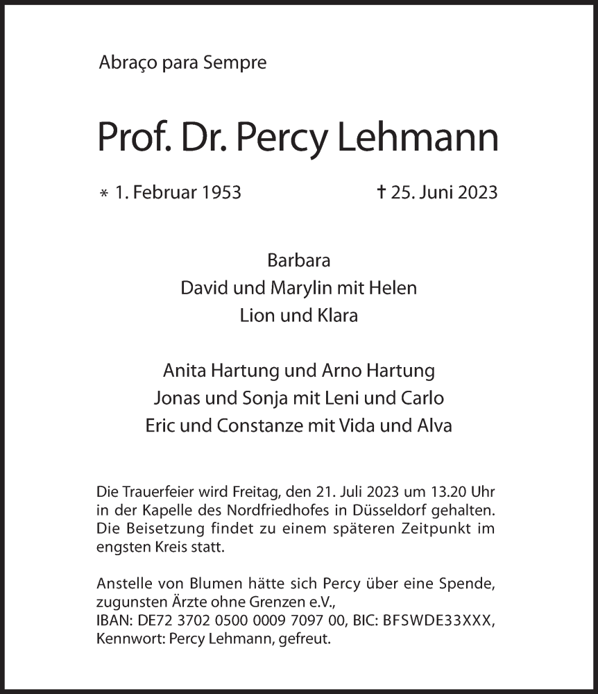  Traueranzeige für Percy Lehmann vom 01.07.2023 aus Süddeutsche Zeitung