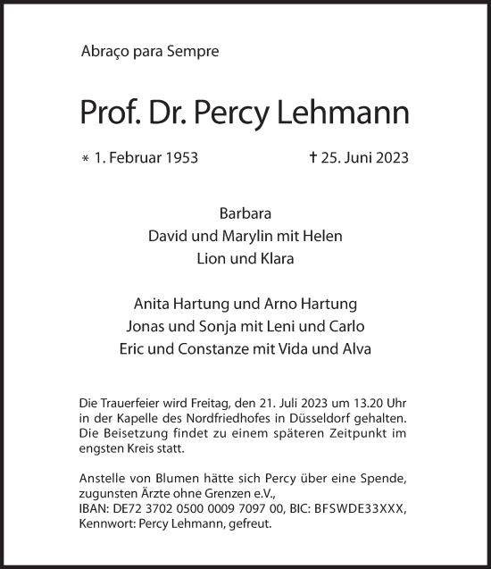Traueranzeige von Percy Lehmann von Süddeutsche Zeitung