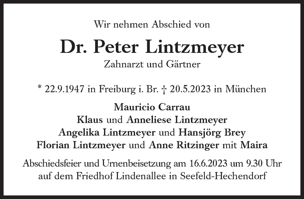  Traueranzeige für Peter Lintzmeyer vom 03.06.2023 aus Süddeutsche Zeitung