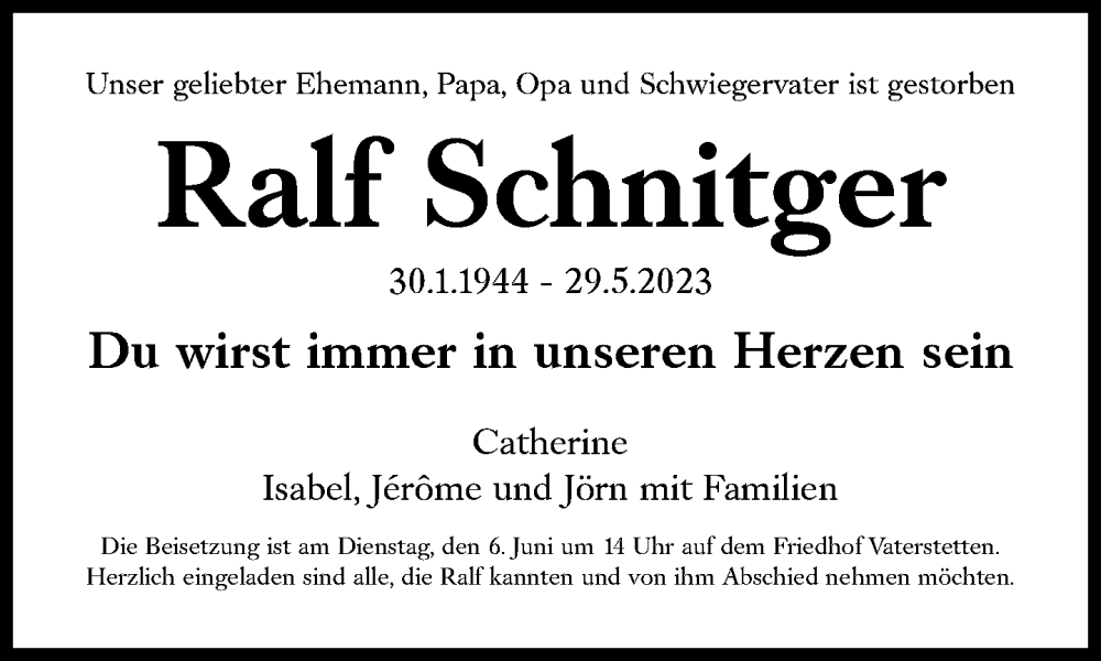  Traueranzeige für Ralf Schnitger vom 03.06.2023 aus Süddeutsche Zeitung