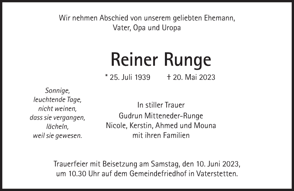  Traueranzeige für Reiner Runge vom 03.06.2023 aus Süddeutsche Zeitung