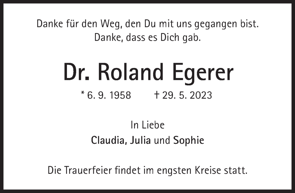  Traueranzeige für Roland Egerer  vom 03.06.2023 aus Süddeutsche Zeitung