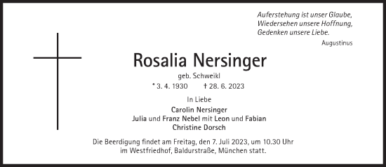 Traueranzeige von Rosalia Nersinger von Süddeutsche Zeitung