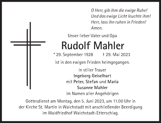 Traueranzeige von Rudolf Mahler von Süddeutsche Zeitung