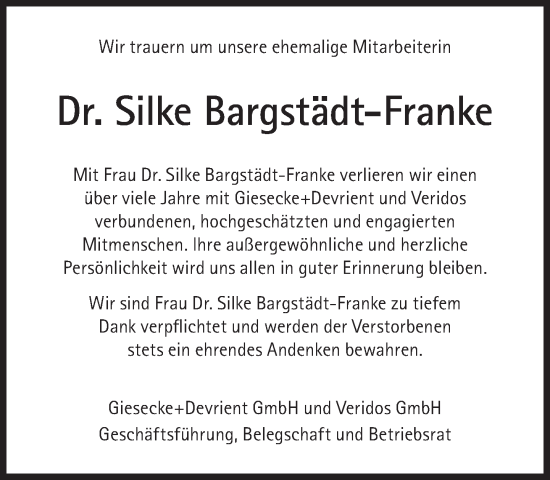 Traueranzeige von Silke Bargstädt-Franke von Süddeutsche Zeitung