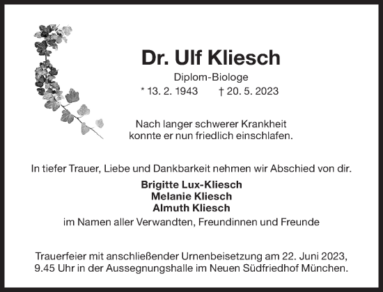 Traueranzeige von Ulf Kliesch von Süddeutsche Zeitung