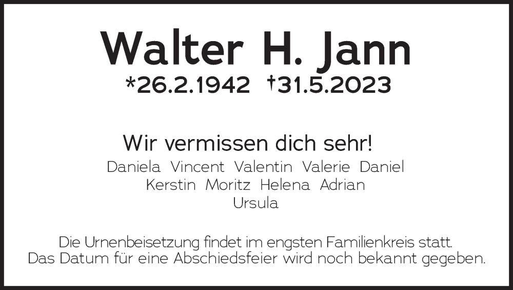  Traueranzeige für Walter H. Jann  vom 03.06.2023 aus Süddeutsche Zeitung