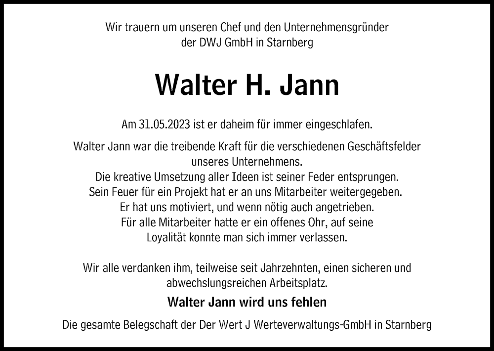  Traueranzeige für Walter H. Jann  vom 06.06.2023 aus Süddeutsche Zeitung