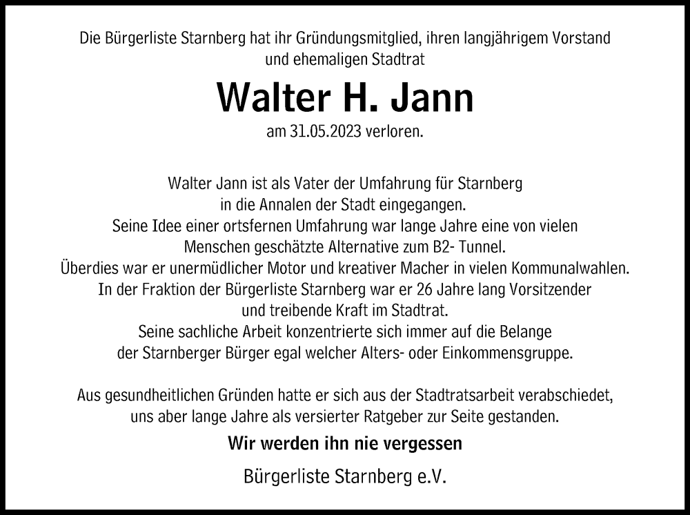  Traueranzeige für Walter H. Jann  vom 06.06.2023 aus Süddeutsche Zeitung