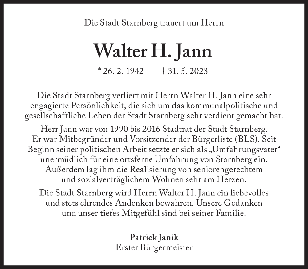  Traueranzeige für Walter H. Jann  vom 09.06.2023 aus Süddeutsche Zeitung