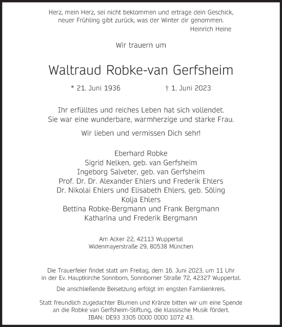 Traueranzeige von Waltraud Robke-van Gerfsheim Waltraud von Süddeutsche Zeitung